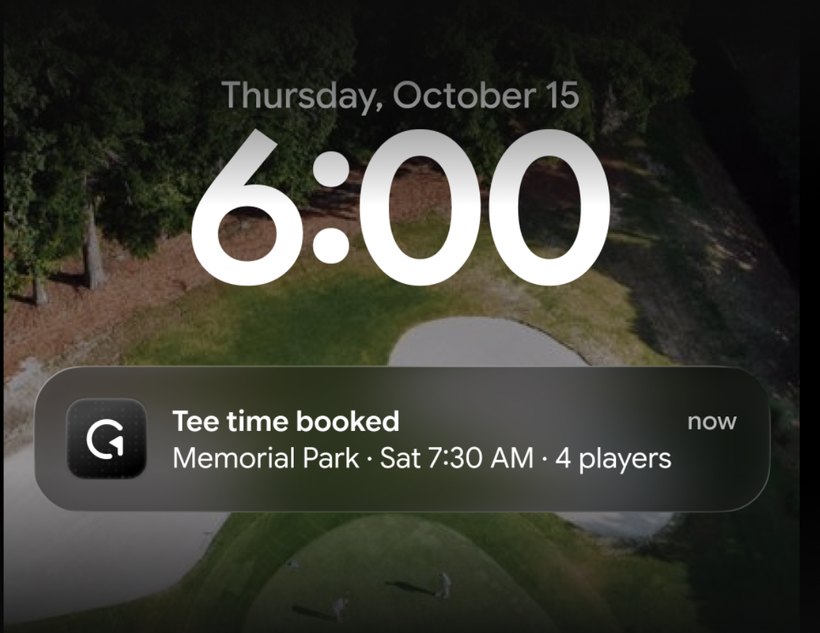 A phone lock screen at 6:00 over a golf course at dawn.